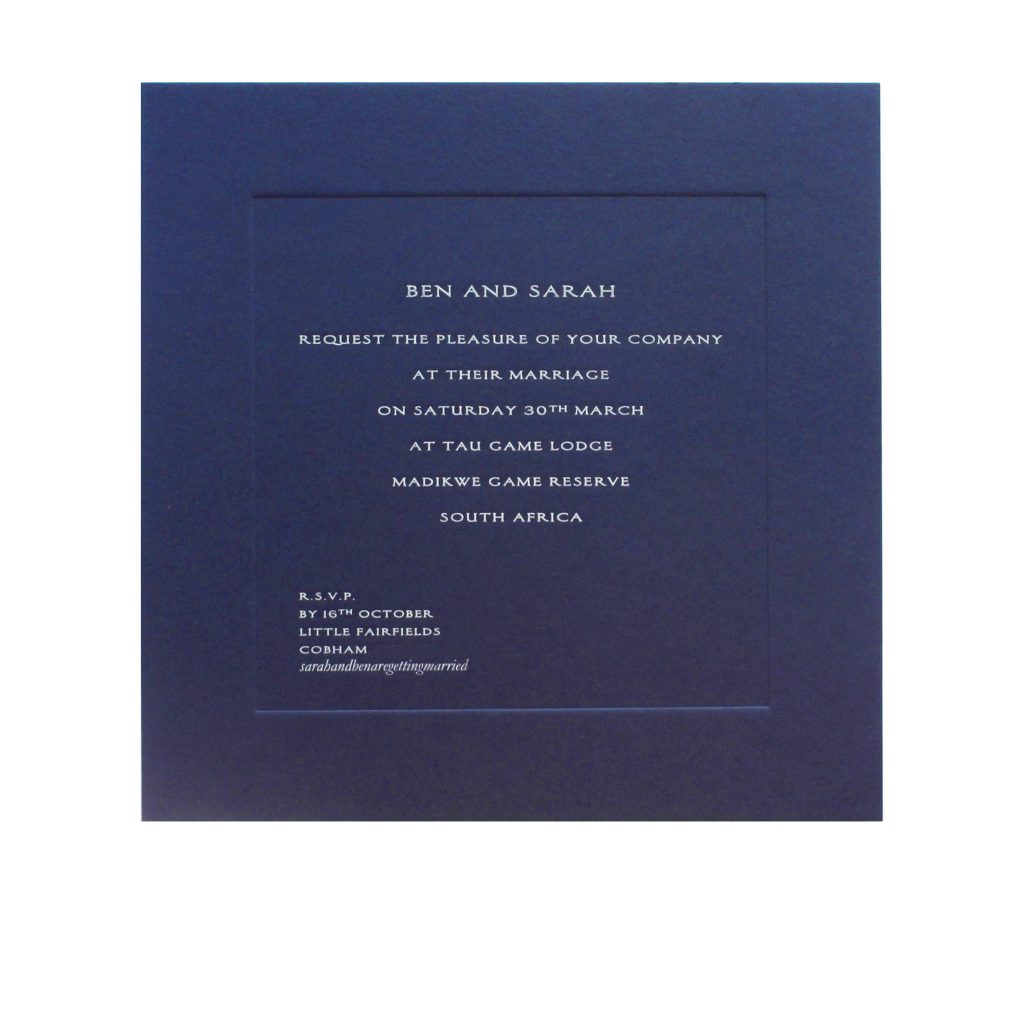 Engraved square wedding invitation, with plate sink. Dark blue card with silver ink.