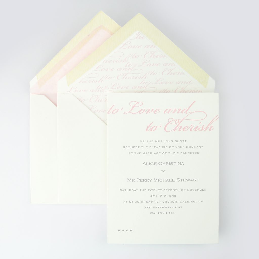 8x6" Letterpress invitation, printed in two colours with lined envelopes