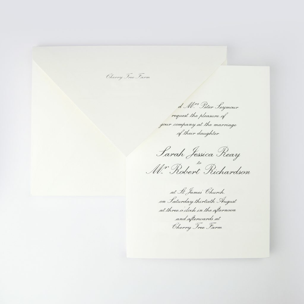 8x6" folded wedding invitation, thermographed in Edinburgh copperplate font on ivory 400gsm