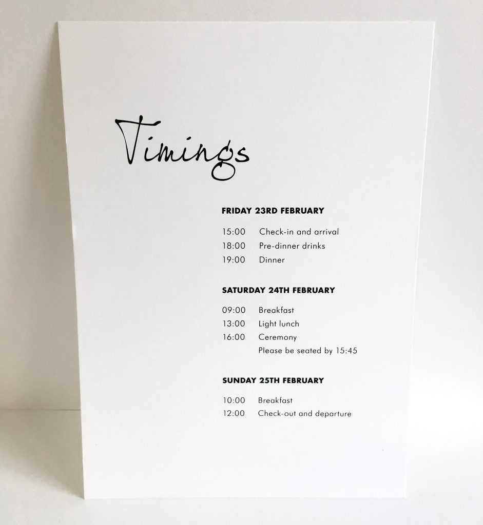 A5 information sheet for wedding stationery, flat printed in black.